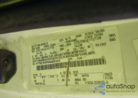 2010 Ford E-150 Commercial/Recreational из США, поврежденный, VIN 1FTNE1EWXADA91492